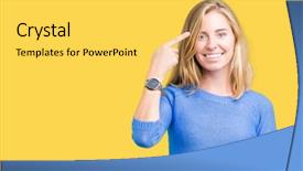  Presentation with great idea - PPT theme with beautiful young woman wearing blue sweater isolated background smiling pointing head one finger great idea thought good memory background and a yellow colored foreground