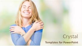  Presentation with confident love - Theme consisting of beautiful young woman wearing blue sweater over isolated background hugging oneself happy and positive smiling confident self love and self care background and a soft green colored foreground