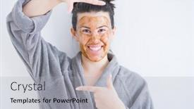  Presentation with skincare - Amazing PPT theme having beautiful young woman wearing cosmetic facial mask as skincare beauty treatment smiling making frame with hands and fingers with happy face creativity and photography concept backdrop and a light gray colored foreground