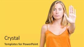  Presentation with hand palm - Presentation theme having beautiful young woman wearing orange background and a  colored foreground