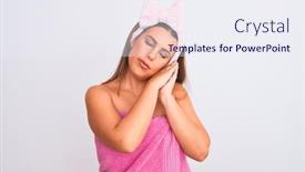  Presentation with sleeping beauty - Cool new presentation theme with beautiful young woman wearing pink shower towel and beauty headband over white background sleeping tired dreaming and posing with hands together while smiling with closed eyes backdrop and a sky blue colored foreground