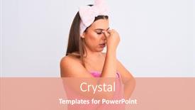  Presentation with pink beauty - Amazing slide deck having beautiful young woman wearing pink shower towel and beauty headband over white background tired rubbing nose and eyes feeling fatigue and headache stress and frustration concept backdrop and a coral colored foreground