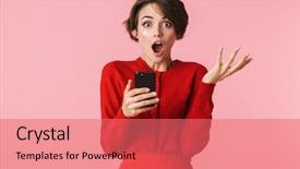  Presentation with pink - Amazing PPT theme having beautiful young woman wearing red backdrop and a coral colored foreground