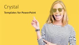  Presentation with wearing a surgical face mask - Cool new PPT layouts with beautiful young woman wearing sunglasses over isolated background with a big smile on face pointing with hand and finger to the side looking at the camera backdrop and a yellow colored foreground