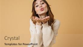  Presentation with kiss - Slide deck featuring beautiful young woman wearing sweater standing isolated over beige background sending kiss background and a coral colored foreground