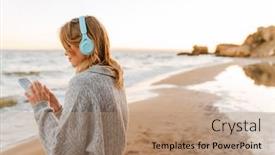  Presentation with listening woman - PPT theme consisting of beautiful-young-woman-wearing-sweater background and a coral colored foreground