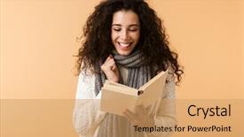  Presentation with beige book - Slide deck consisting of beautiful young woman wearing winter background and a coral colored foreground
