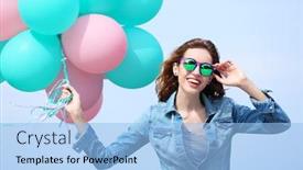  Presentation with balloons blue - Slides having beautiful young woman with colorful balloons against blue sky background and a light blue colored foreground