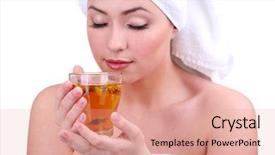 Presentation with herbal - Slide set featuring beautiful young woman with cup of herbal tea isolated on white background and a coral colored foreground