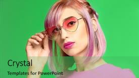  Presentation with hair color - Presentation consisting of beautiful young woman with dyed hair and heart-shaped glasses on color background background and a shamrock green colored foreground