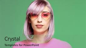 Presentation with hair color - Presentation design having beautiful young woman with dyed hair and heart-shaped glasses on color background background and a seafoam green colored foreground