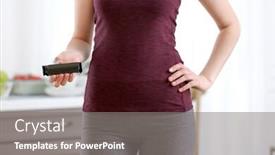  Presentation with energy bar - Slide set enhanced with beautiful young woman with energy bar at home closeup diet concept background and a gray colored foreground