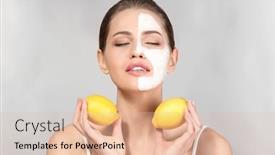  Presentation with lemons - Colorful PPT theme enhanced with beautiful young woman with facial mask and ripe lemons on grey background backdrop and a lemonade colored foreground