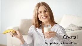  Presentation with banana - Presentation design consisting of beautiful young woman with glass of milk and banana at home background and a mint green colored foreground