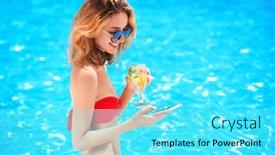  Presentation with lemonade - PPT theme having beautiful young woman with glass of lemonade and mobile phone near swimming pool background and a cyan colored foreground