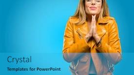  Presentation with praying hands - Cool new PPT layouts with beautiful-young-woman-with-hands backdrop and a cyan colored foreground