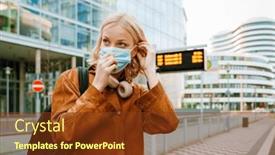  Presentation with bus station - Presentation design consisting of beautiful-young-woman-with-headphones background and a tawny brown colored foreground