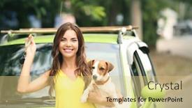  Presentation with car key - Amazing presentation theme having beautiful young woman with key and cute dog near car backdrop and a yellow colored foreground
