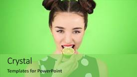  Presentation with lime cider - Slides having beautiful young woman with lime background and a seafoam green colored foreground