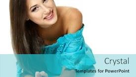  Presentation with hair dress - Slide set enhanced with beautiful young woman with long brown hair and in blue dress isolated on white background background and a cyan colored foreground