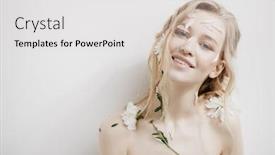  Presentation with cosmetics natural - Presentation theme enhanced with beautiful young woman with petals of chrysanthemum on face and body beauty natural cosmetics concept background and a light gray colored foreground