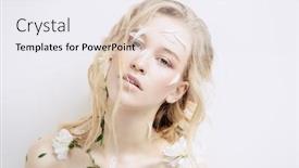  Presentation with cosmetics natural - Colorful presentation design enhanced with beautiful young woman with petals of chrysanthemum on face and body beauty natural cosmetics concept backdrop and a sky blue colored foreground