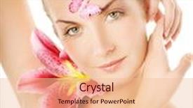  Presentation with lily - Audience pleasing presentation theme consisting of beautiful young woman with pink lily close-up portrait isolated on white background backdrop and a lemonade colored foreground