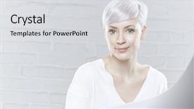  Presentation with super woman women power - Beautiful PPT theme featuring beautiful young woman with platinum backdrop and a light gray colored foreground