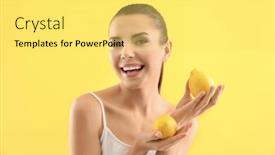  Presentation with lemons - Slide deck featuring beautiful young woman with ripe lemons on color background background and a yellow colored foreground