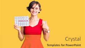  Presentation with young business woman smile show - Presentation consisting of beautiful-young-woman-with-short background and a yellow colored foreground