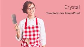  Presentation with apron - Beautiful PPT theme featuring beautiful-young-woman-with-short backdrop and a coral colored foreground