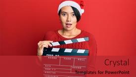  Presentation with clapboard - Theme enhanced with beautiful-young-woman-with-short background and a red colored foreground