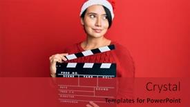  Presentation with clapboard - PPT theme featuring beautiful-young-woman-with-short background and a red colored foreground