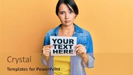  Presentation with text message - Cool new slide set with beautiful-young-woman-with-short backdrop and a yellow colored foreground