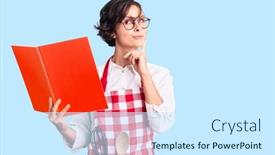  Presentation with recipe book - PPT theme featuring beautiful-young-woman-with-short background and a white colored foreground