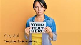  Presentation with woman sad - Colorful PPT theme enhanced with beautiful-young-woman-with-short backdrop and a yellow colored foreground