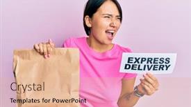  Presentation with express delivery - Slide set with beautiful-young-woman-with-short background and a coral colored foreground