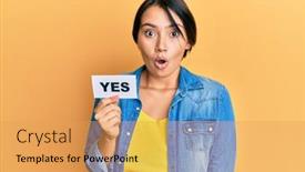  Presentation with yes - Beautiful slide deck featuring beautiful-young-woman-with-short backdrop and a yellow colored foreground
