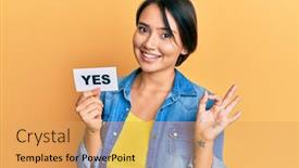  Presentation with yes - Cool new PPT theme with beautiful-young-woman-with-short backdrop and a yellow colored foreground