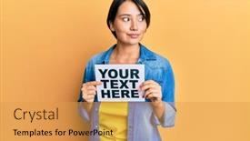  Presentation with text message - PPT theme enhanced with beautiful-young-woman-with-short background and a yellow colored foreground