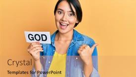  Presentation with word god - Presentation design consisting of beautiful-young-woman-with-short background and a coral colored foreground