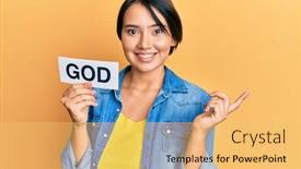  Presentation with word god - Presentation theme having beautiful-young-woman-with-short background and a yellow colored foreground