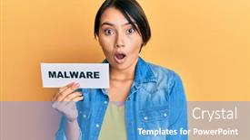  Presentation with malware - Presentation theme featuring beautiful-young-woman-with-short background and a teal colored foreground