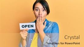  Presentation with hair - Cool new slide set with beautiful-young-woman-with-short backdrop and a yellow colored foreground