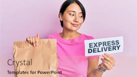  Presentation with express delivery - Colorful presentation design enhanced with beautiful-young-woman-with-short backdrop and a coral colored foreground