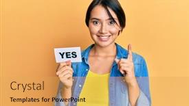  Presentation with yes - Presentation theme enhanced with beautiful-young-woman-with-short background and a yellow colored foreground