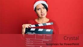  Presentation with clapboard - Amazing PPT layouts having beautiful-young-woman-with-short backdrop and a red colored foreground