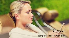  Presentation with spa - Slide set with beautiful young woman with smartphone background and a lemonade colored foreground