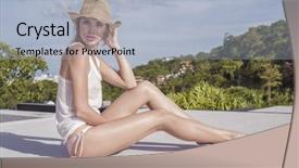  Presentation with green shadow - Cool new PPT layouts with beautiful young woman with straw hat on a sunny day looking at camera over blue sky and green trees landscape pretty girl with straw hat pattern shadow on her face sitting on a rooftop backdrop and a light blue colored foreground