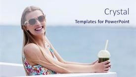  Presentation with smoothie - Cool new theme with beautiful young woman with sunglasses drinking green vegetable smoothie backdrop and a sky blue colored foreground